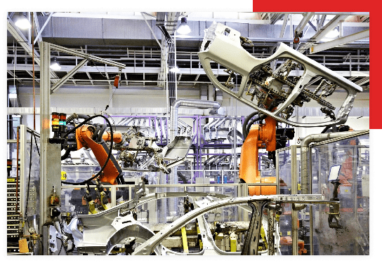 A factory with many robots in it